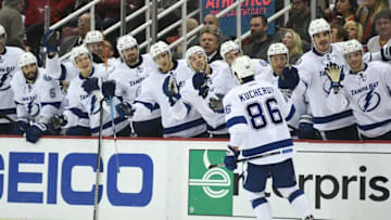 Nov 15, 2016; Detroit, MI, USA; Tampa Bay Lightning right wing Nikita Kucherov (86) celebrates the game winning goal with teammates during the third period against the Detroit Red Wings at Joe Louis Arena. Mandatory Credit: Tim Fuller-USA TODAY Sports