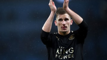 MANCHESTER, ENGLAND - FEBRUARY 10: Marc Albrighton of Leicester City shows appreciation to the fans after the Premier League match between Manchester City and Leicester City at Etihad Stadium on February 10, 2018 in Manchester, England. (Photo by Michael Regan/Getty Images)