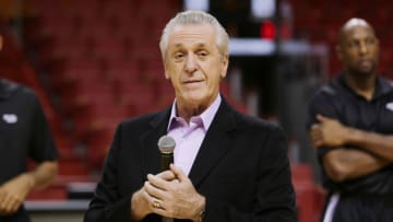 Pat Riley addresses the crowd at the American Airlines Arena where Hublot hosted a basketball fantasy camp for special guests (Photo by Alexander Tamargo/Getty Images for Hublot)