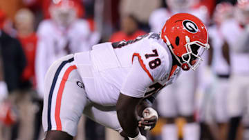STARKVILLE, MISSISSIPPI - NOVEMBER 12: Nazir Stackhouse #78 of the Georgia Bulldogs in action against the Mississippi State Bulldogs during a game at Davis Wade Stadium on November 12, 2022 in Starkville, Mississippi. (Photo by Jonathan Bachman/Getty Images)