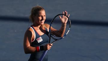 Aug 29, 2016; New York, NY, USA; Dominika Cibulkova of Slovakia celebrates after recording match point against Magda Linette of Poland on day one of the 2016 U.S. Open tennis tournament at USTA Billie Jean King National Tennis Center. Mandatory Credit: Jerry Lai-USA TODAY Sports