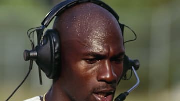 HOOVER, AL - AUGUST 1994: Michael Jordan #45 of the Birmingham Barons gives an interview following an August 1994 game against the Memphis Chicks at Hoover Metropolitan Stadium in Hoover, Alabama. (Photo by Jim Gund/Getty Images)