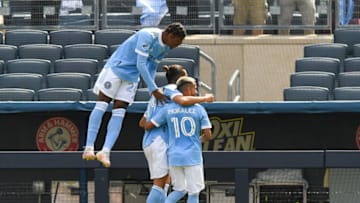 New York City FC Maxi Moralez (10) Tayvon Gray (24) celebrate a goal. Mandatory Credit: Dennis Schneidler-USA TODAY Sports