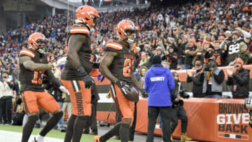 CLEVELAND, OHIO - NOVEMBER 10: Wide receiver Odell Beckham Jr. #13 and offensive tackle Chris Hubbard #74 celebrate with wide receiver Rashard Higgins #81 of the Cleveland Browns after Higgins caught a touchdown during the second half against the Buffalo Bills at FirstEnergy Stadium on November 10, 2019 in Cleveland, Ohio. The Browns defeated the Bills 19-16. (Photo by Jason Miller/Getty Images)