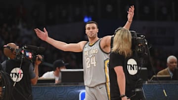 LOS ANGELES, CA - FEBRUARY 17:Larry Nance Jr. #24 of the Cleveland Cavaliers competes in the 2018 Verizon Slam Dunk Contest at Staples Center on February 17, 2018 in Los Angeles, California. (Photo by Kevork Djansezian/Getty Images)