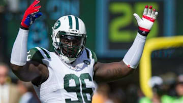 Sep 11, 2016; East Rutherford, NJ, USA; New York Jets defensive end Muhammad Wilkerson (96) reacts in the second half against the Cincinnati Bengals at MetLife Stadium. The Bengals defeated the Jets 23-22. Mandatory Credit: William Hauser-USA TODAY Sports