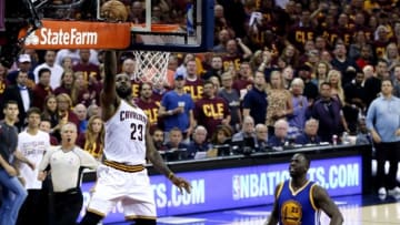 Jun 10, 2016; Cleveland, OH, USA; Cleveland Cavaliers forward LeBron James (23) shoots the ball against Golden State Warriors forward Draymond Green (23) in game four of the NBA Finals at Quicken Loans Arena. Mandatory Credit: Bob Donnan-USA TODAY Sports