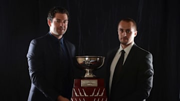 LAS VEGAS, NV - JUNE 20: Brian Elliott and Jaroslav Halak of the St. Louis Blues pose after winning the William M. Jennings Trophy during the 2012 NHL Awards at the Encore Theater at the Wynn Las Vegas on June 20, 2012 in Las Vegas, Nevada. (Photo by Harry How/Getty Images)