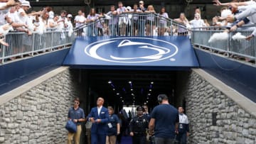Penn State Nittany Lions head coach James Franklin interacts with members of the Penn State student section prior to the game against the Indiana Hoosiers at Beaver Stadium. Mandatory Credit: Matthew OHaren-USA TODAY Sports