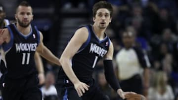 April 09, 2013; Oakland, CA, USA; Minnesota Timberwolves point guard Alexey Shved (1) looks to the basket in the final second of the first quarter against the Golden State Warriors at Oracle Arena. Mandatory Credit: Kelley L Cox-USA TODAY Sports