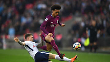 LONDON, ENGLAND - APRIL 14: Kieran Trippier of Tottenham Hotspur tackles Leroy Sane of Manchester City during the Premier League match between Tottenham Hotspur and Manchester City at Wembley Stadium on April 14, 2018 in London, England. (Photo by Shaun Botterill/Getty Images)