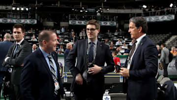 New York Rangers new hired Director of Player Personnel John Lilley with Kyle Dubas and Brendan Shanahan of the Toronto Maple Leafs (Photo by Bruce Bennett/Getty Images)