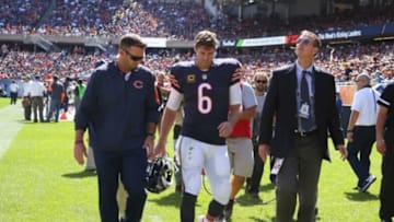 Sep 20, 2015; Chicago, IL, USA; Chicago Bears quarterback Jay Cutler (6) walks off the field after an apparent injury during the first half against the Arizona Cardinals at Soldier Field. Mandatory Credit: Dennis Wierzbicki-USA TODAY Sports