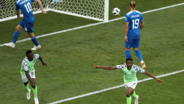 VOLGOGRAD, RUSSIA - JUNE 22: Ahmed Musa of Nigeria celebrates with teammate Oghenekaro Etebo after scoring his team's first goal during the 2018 FIFA World Cup Russia group D match between Nigeria and Iceland at Volgograd Arena on June 22, 2018 in Volgograd, Russia. (Photo by Kevin C. Cox/Getty Images)