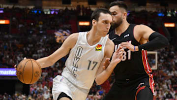OKC Thunder center Aleksej Pokusevski (17) drives past Miami Heat guard Max Strus (31) : Jim Rassol-USA TODAY Sports