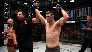 LAS VEGAS, NV - JULY 11: Kurt Holobaugh celebrates his victory over Matt Bessette in their featherweight bout during Dana White's Tuesday Night Contender Series at the TUF Gym on July 11, 2017 in Las Vegas, Nevada. (Photo by Brandon Magnus/DWTNCS)