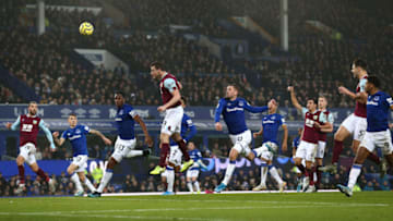 LIVERPOOL, ENGLAND - DECEMBER 26: Chris Wood of Burnley heads an attempt on goal during the Premier League match between Everton FC and Burnley FC at Goodison Park on December 26, 2019 in Liverpool, United Kingdom. (Photo by Jan Kruger/Getty Images)
