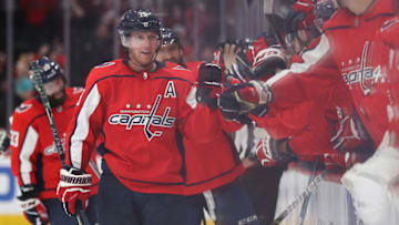 WASHINGTON, DC - SEPTEMBER 18: Nicklas Backstrom #19 of the Washington Capitals celebrates his goal against the St. Louis Blues during the third period of a preseason NHL game at Capital One Arena on September 18, 2019 in Washington, DC. (Photo by Patrick Smith/Getty Images)