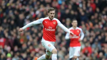 LONDON, ENGLAND - FEBRUARY 14: Aaron Ramsey of Arsenal during the Barclays Premier League match between Arsenal and Leicester City at Emirates Stadium on February 14, 2016 in London, England. (Photo by Stuart MacFarlane/Arsenal FC via Getty Images)