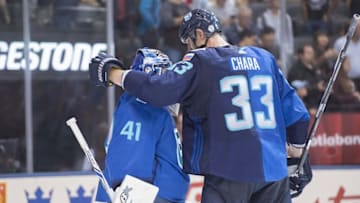 Sep 17, 2016; Toronto, Ontario, Team Europe goaltender Jaroslav Halak (41) celebrates the win with Zdeno Chara (33) after the game against Team USA in the 2016 World Cup of Hockey at Air Canada Centre. Team Europe won 3-0. Mandatory Credit: Nick Turchiaro-USA TODAY Sports