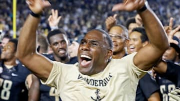 NASHVILLE, TN - SEPTEMBER 16: Head coach Derek Mason of the Vanderbilt Commodores celebrates after a 14-7 Vanderbilt victory over Kansas State at Vanderbilt Stadium on September 16, 2017 in Nashville, Tennessee. (Photo by Frederick Breedon/Getty Images)