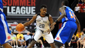 Jul 11, 2015; Las Vegas, NV, USA; San Antonio Spurs forward Livio Jean-Charles (28) dribbles the ball during an NBA Summer League game against the Knicks at Thomas & Mack Center. Mandatory Credit: Stephen R. Sylvanie-USA TODAY Sports