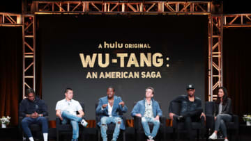 BEVERLY HILLS, CALIFORNIA - JULY 26: (L-R) Dave East, Alex Tsa, Shameik Moore, Brian Grazer, RZA and Francie Calfo of 'Wu-Tang: An American Saga333' speaks onstage during the Hulu segment of the Summer 2019 Television Critics Association Press Tour at The Beverly Hilton Hotel on July 26, 2019 in Beverly Hills, California. (Photo by Rich Fury/Getty Images)