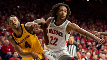 TUCSON, ARIZONA - JANUARY 04: Zeke Nnaji #22 of the Arizona Wildcats boxes out Kimani Lawrence #4 of the Arizona State Sun Devils in the second half at McKale Center on January 04, 2020 in Tucson, Arizona. The Arizona Wildcats won 75 - 47. (Photo by Jennifer Stewart/Getty Images)