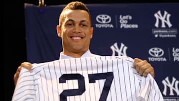 ORLANDO, FL - DECEMBER 11: Giancarlo Stanton is introduced as a member of the New York Yankees during the 2017 Winter Meetings at the Walt Disney World Swan and Dolphin Resort on Monday, December 11, 2017 in Orlando, Florida. (Photo by Alex Trautwig/MLB Photos via Getty Images)