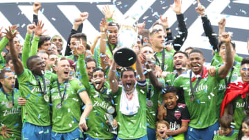 SEATTLE, WASHINGTON - NOVEMBER 10: The Seattle Sounders celebrate after defeating Toronto FC 3-1 to win the 2019 MLS Cup at CenturyLink Field on November 10, 2019 in Seattle, Washington. (Photo by Abbie Parr/Getty Images)