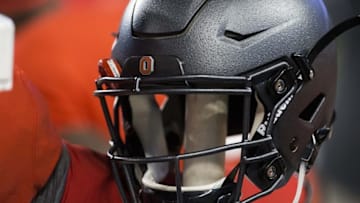 Nov 5, 2016; Columbus, OH, USA; A general view of the helmet of Ohio State Buckeyes quarterback J.T. Barrett (16) during the game against the Nebraska Cornhuskers at Ohio Stadium. Ohio State won the game 62-3. Mandatory Credit: Greg Bartram-USA TODAY Sports