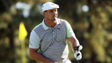 AUGUSTA, GEORGIA - NOVEMBER 13: Bryson DeChambeau of the United States reacts on the third hole during the second round of the Masters at Augusta National Golf Club on November 13, 2020 in Augusta, Georgia. (Photo by Patrick Smith/Getty Images)