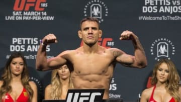 Mar 13, 2015; Dallas, TX, USA; Rafael dos Anjos prepares to step on the scale during weigh-ins for UFC 185 at Kay Bailey Hutchison Convention Center. Mandatory Credit: Tim Heitman-USA TODAY Sports