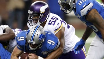 Oct 25, 2015; Detroit, MI, USA; Detroit Lions quarterback Matthew Stafford (9) gets sacked by Minnesota Vikings outside linebacker Anthony Barr (55) during the third quarter at Ford Field. Vikings win 28-19. Mandatory Credit: Raj Mehta-USA TODAY Sports