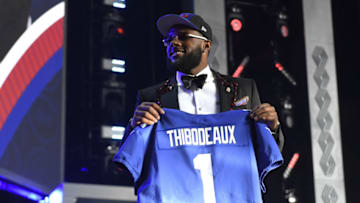 LAS VEGAS, NEVADA - APRIL 28: Kayvon Thibodeaux poses onstage after being selected fifth by the New York Giants during round one of the 2022 NFL Draft on April 28, 2022 in Las Vegas, Nevada. (Photo by David Becker/Getty Images)