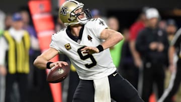 MINNEAPOLIS, MN - JANUARY 14: Drew Brees #9 of the New Orleans Saints drops back to pass the ball in the first quarter of the NFC Divisional Playoff game against the Minnesota Vikings on January 14, 2018 at U.S. Bank Stadium in Minneapolis, Minnesota. (Photo by Hannah Foslien/Getty Images)