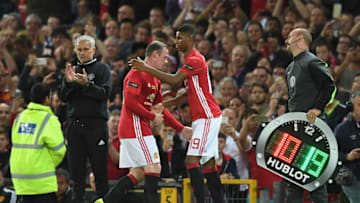 MANCHESTER, ENGLAND - AUGUST 03: Wayne Rooney of Manchester United is replaced by Marcus Rashford of Manchester United during the Wayne Rooney Testimonial match between Manchester United and Everton at Old Trafford on August 3, 2016 in Manchester, England. (Photo by Michael Regan/Getty Images)