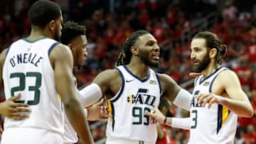 HOUSTON, TX - APRIL 24: The Utah Jazz huddle in the second half during Game Five of the first round of the 2019 NBA Western Conference Playoffs between the Houston Rockets and the Utah Jazz at Toyota Center on April 24, 2019 in Houston, Texas. NOTE TO USER: User expressly acknowledges and agrees that, by downloading and or using this photograph, User is consenting to the terms and conditions of the Getty Images License Agreement. (Photo by Tim Warner/Getty Images)