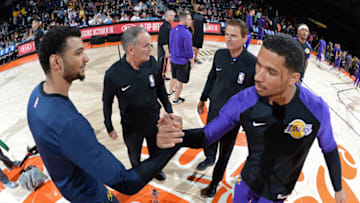 SAN DIEGO, CA - SEPTEMBER 30: Jamal Murray #27 of the Denver Nuggets and Josh Hart #5 of the Los Angeles Lakers shake hands before a pre-season game on September 30, 2018 at Valley View Casino Center in San Diego, California. NOTE TO USER: User expressly acknowledges and agrees that, by downloading and/or using this Photograph, user is consenting to the terms and conditions of the Getty Images License Agreement. Mandatory Copyright Notice: Copyright 2018 NBAE (Photo by Andrew D. Bernstein/NBAE via Getty Images)