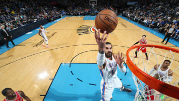 OKLAHOMA CITY, OK- DECEMBER 17: Steven Adams #12 of the Oklahoma City Thunder drives to the basket during the game against the Chicago Bulls on December 17, 2018 at Chesapeake Energy Arena in Oklahoma City, Oklahoma. NOTE TO USER: User expressly acknowledges and agrees that, by downloading and or using this photograph, User is consenting to the terms and conditions of the Getty Images License Agreement. Mandatory Copyright Notice: Copyright 2018 NBAE (Photo by Zach Beeker/NBAE via Getty Images)