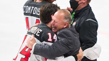 Newly hired New York Rangers Head coach Gerard Gallant of celebrates after the 2021 IIHF Ice Hockey World Championship Gold Medal Game (Photo by EyesWideOpen/Getty Images)