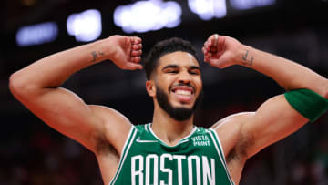 HOUSTON, TEXAS - OCTOBER 24: Jayson Tatum #0 of the Boston Celtics reacts following a play during the first half against the Houston Rockets at Toyota Center on October 24, 2021 in Houston, Texas. NOTE TO USER: User expressly acknowledges and agrees that, by downloading and or using this photograph, User is consenting to the terms and conditions of the Getty Images License Agreement. (Photo by Carmen Mandato/Getty Images)