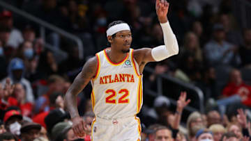 ATLANTA, GEORGIA - NOVEMBER 22: Cam Reddish #22 of the Atlanta Hawks reacts after hitting a three-point basket against the Oklahoma City Thunder during the first half at State Farm Arena on November 22, 2021 in Atlanta, Georgia. NOTE TO USER: User expressly acknowledges and agrees that, by downloading and or using this photograph, User is consenting to the terms and conditions of the Getty Images License Agreement. (Photo by Kevin C. Cox/Getty Images)