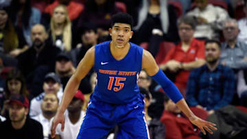 LAS VEGAS, NV - DECEMBER 30: Chandler Hutchison #15 of the Boise State Broncos looks on against the UNLV Rebels during the second half of the game at the Thomas & Mack Center on December 30, 2017 in Las Vegas, Nevada. Boise State won 83-74. (Photo by David J. Becker/Getty Images)