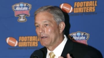 Jan 9, 2016; Scottsdale, AZ, USA; Iowa head coach Kirk Ferentz accepts the Eddie Robinson Coach of the Year Award at the JW Marriott Camelback Inn. Mandatory Credit: Erich Schlegel-USA TODAY Sports