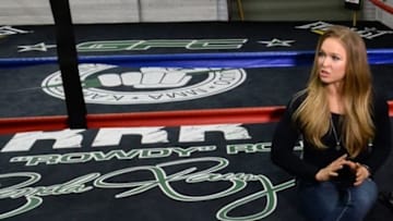 Feb 18, 2015; Glendale, CA, USA; Ronda Rousey talks about her upcoming championship fight during media day for UFC 184 at Glendale Fighting Club. Mandatory Credit: Jayne Kamin-Oncea-USA TODAY Sports