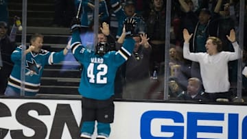 Jan 23, 2016; San Jose, CA, USA; San Jose Sharks right wing Joel Ward (42) celebrates towards the fans after a goal against the Minnesota Wild during the second period at SAP Center at San Jose. Mandatory Credit: Kelley L Cox-USA TODAY Sports