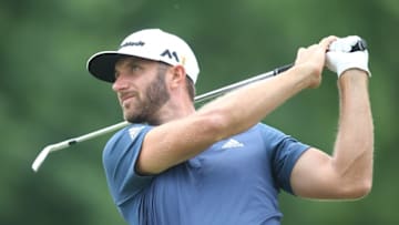 Jul 3, 2016; Akron, OH, USA; Dustin Johnson of the United States hits a tee shot on the twelfth hole during the final round of the 2016 Bridgestone Invitational at Firestone Country Club - South Course. Mandatory Credit: Charles LeClaire-USA TODAY Sports