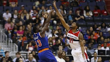 Oct 9, 2015; Washington, DC, USA; Washington Wizards center Jaleel Roberts (81) blocks the shot of New York Knicks guard Jerian Grant (13) in the third quarter at Verizon Center. The Knicks won 115-104. Mandatory Credit: Geoff Burke-USA TODAY Sports