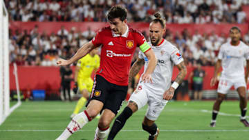 SEVILLE, SPAIN - APRIL 20: Harry Maguire of Manchester United FC in action during the UEFA Europa League quarterfinal second leg match between Sevilla FC and Manchester United at Estadio Ramon Sanchez Pizjuan on April 20, 2023 in Seville, Spain (Photo by MB Media/Getty Images)
